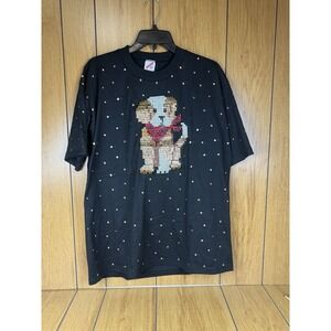 Vintage  Crocheted Puppy‎ with Heart Black T-shirt Made in USA Size XL Hand Made